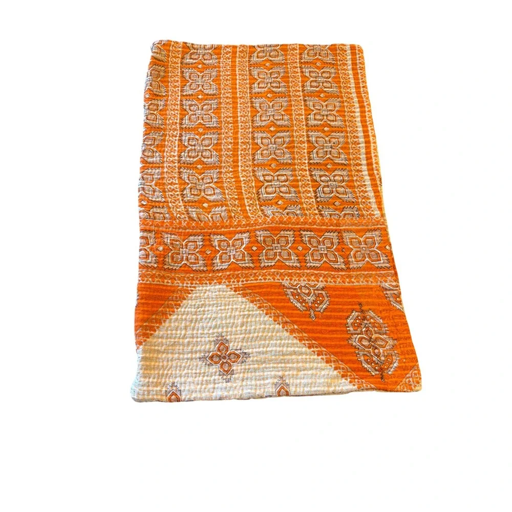 Kantha Pillow Cover Orange Cream Medallion Hand Stitched Boho 12x20